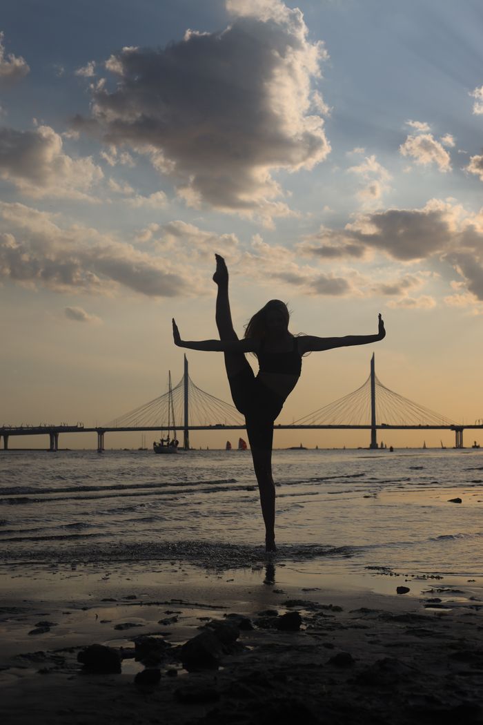 service-02 A graceful dancer silhouetted against a sunset by a bridge, showcasing balance and strength.